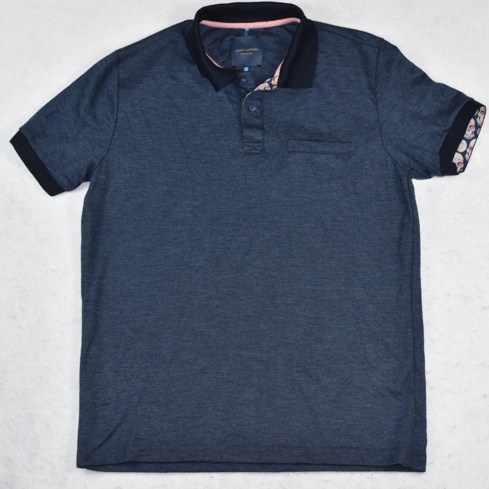Guide London Premium Mens Navy Blue Skull Print Trim Polo Shirt Med Short Sleeve